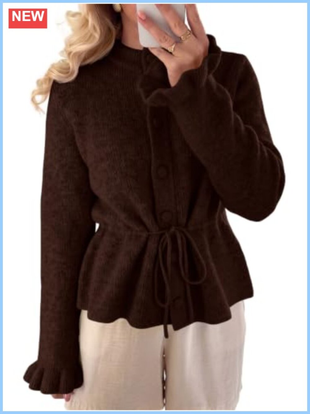 Ruffle Sleeve Button Up Tie Waist Cardigan Sweater Top